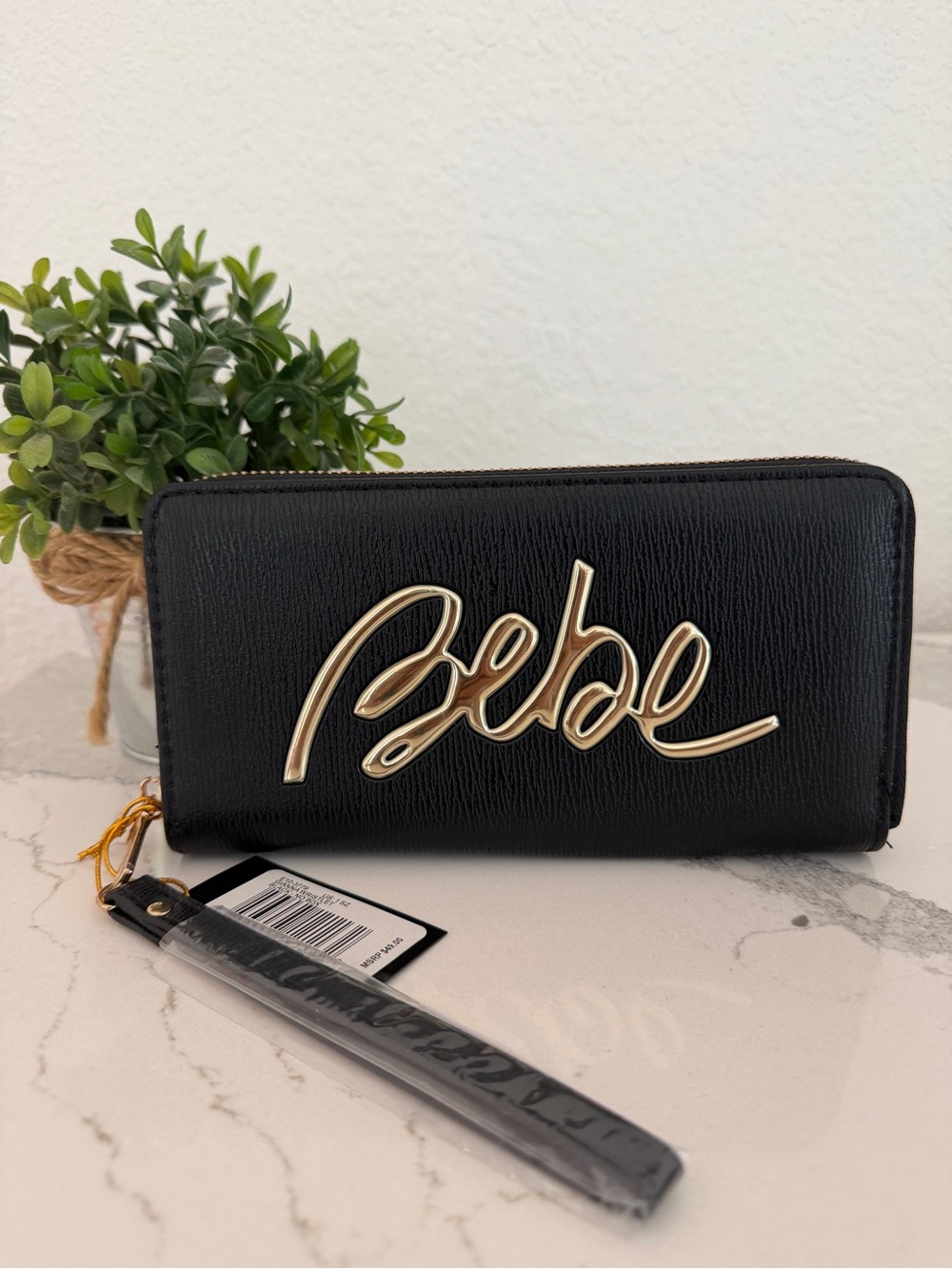 BEBE Black Zip-Around Logo Wallet NWT